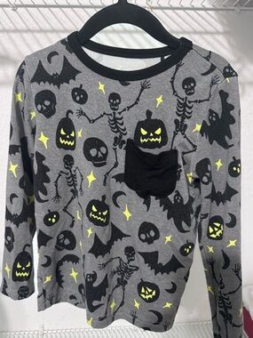 Kids Halloween Skeleton & Pumpkin Long Sleeve Top - Gray & Neon Yellow